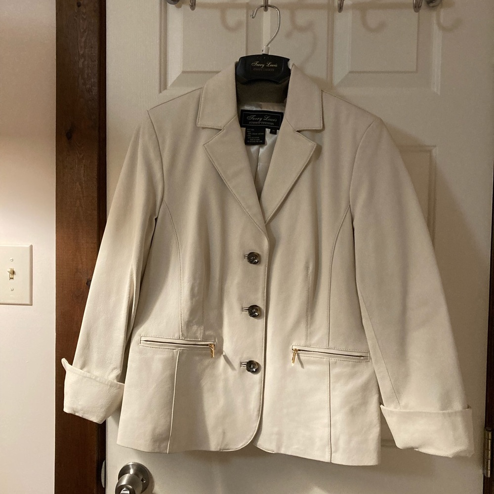 Terry Lewis Classic Luxuries cream colored leather jacket